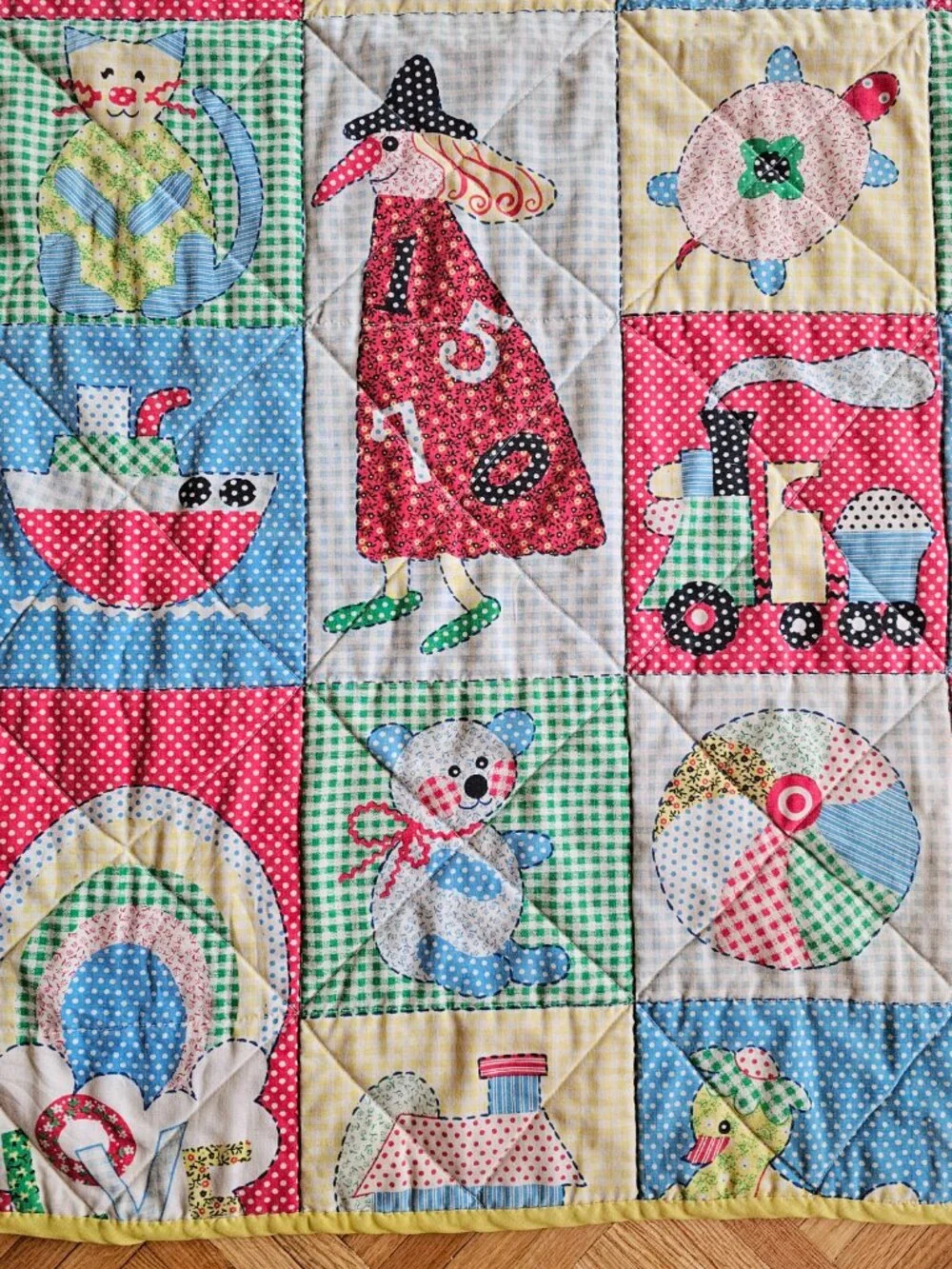 Vintage Handmade Baby Patchwork Quilt Primary Colors Red Yellow Duck 43.5